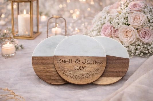 Custom Marble & Wood Wedding Coasters – Personalized Keepsake Favors